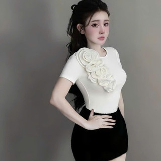 Áo Thun Thiết Kế  Đính Hoa  Ôm Body Thanh Lịch Sang Nữ Tính