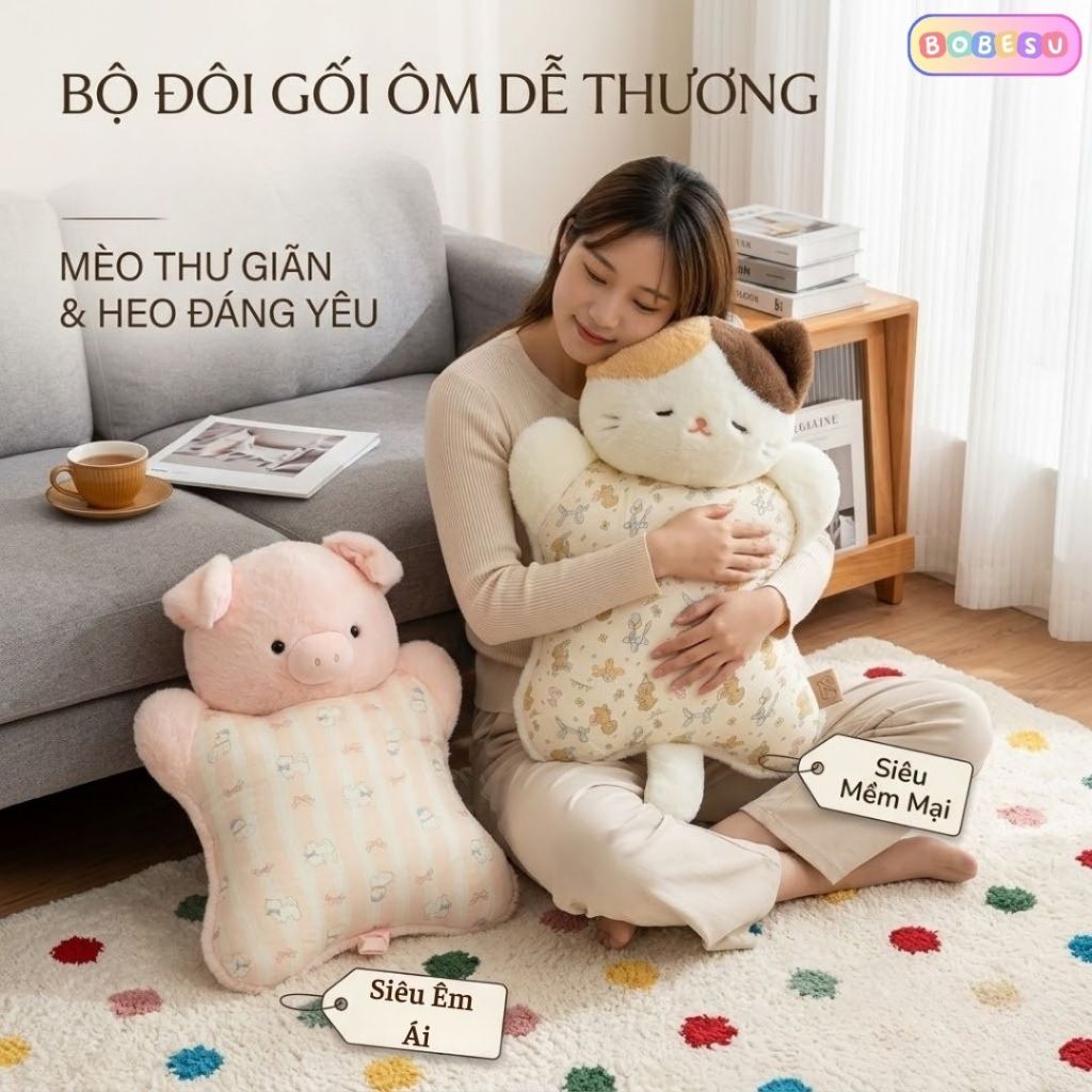 Gối Ôm Gấu Bông Hình Động Vật Mèo Và Heo Dễ Thương, Gối Tựa Lưng Văn Phòng Siêu Mềm Mịn Đàn Hồi, Bobesu