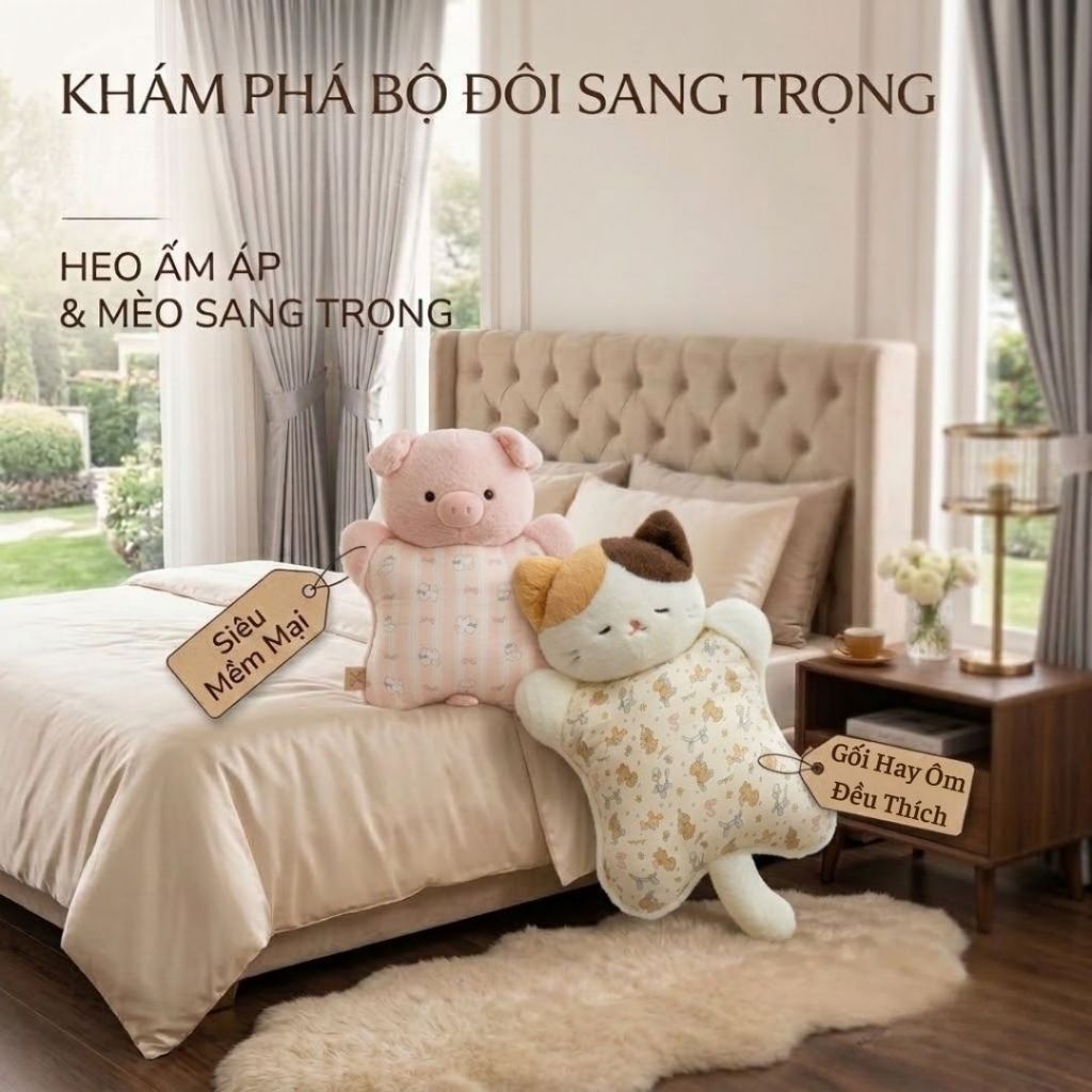 Gấu Bông Gối Ôm Hình Thú Heo Và Mèo Mềm Mại Dễ Thương, Gối Tựa Lưng Văn Phòng Đàn Hồi Thoáng Khí, Babisu