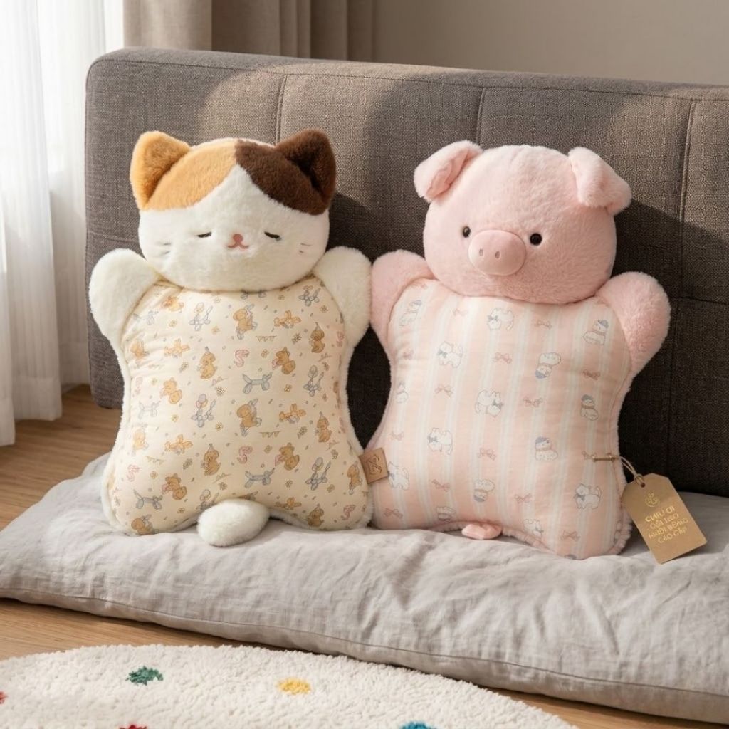 Gối Ôm Gấu Bông Hình Động Vật Mèo Và Heo Dễ Thương, Gối Tựa Lưng Văn Phòng Siêu Mềm Mịn Đàn Hồi, Bobesu