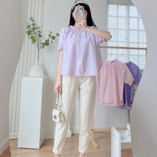 Áo Sơ Mi Nữ JASEY Cổ Nhún Tay Bồng Chất Thô Mềm Dịu Dàng Trẻ Trung 6052
