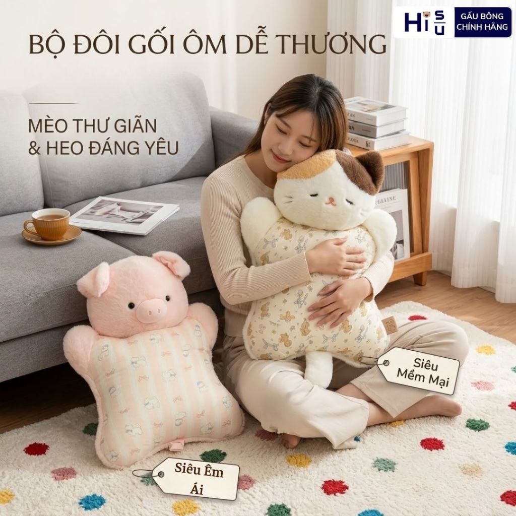 Gấu Bông Gối Ôm, Gối Tự Lưng Văn Phòng Hình Mèo Và Heo Dễ Thương Mềm Mại, Đàn Hồi Giúp Thư Giãn, Hisu