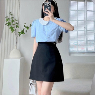 Áo Sơ Mi Nữ JASEY Công Sở Kiểu Cổ Sen Lệch Chất Thô Mát Phối Màu Xanh Điệu Đà Duyên Dáng 6057