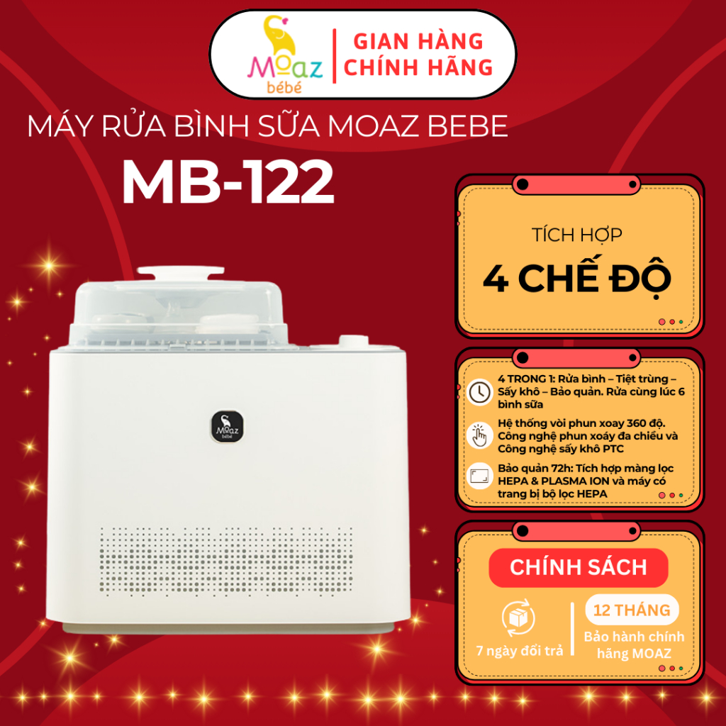 Máy rửa bình sữa Moaz BéBé MB122, 4 chế độ, chứa cùng lúc 6 bình sữa, hệ thống vòi phun xoay 360 độ