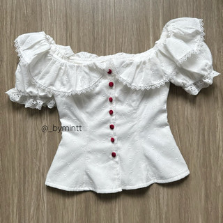 Vee Top - Áo kiểu trễ vai tay bồng phối nút phong cách tiểu thư - Bymintt