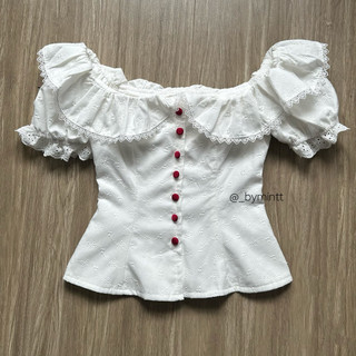 Vee Top - Áo kiểu trễ vai tay bồng phối nút phong cách tiểu thư - Bymintt