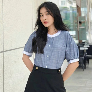 Áo Sơ Mi Nữ JASEY Cổ Tròn Tay Bồng Chất Thô Mềm Phối Màu Xanh Trắng Trẻ Trung 6058