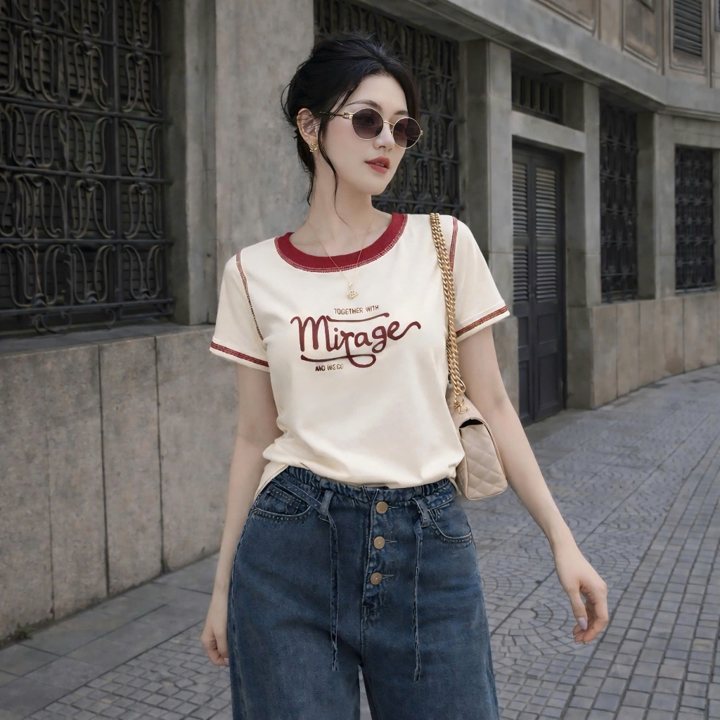 Áo Thun Viền Chữ Ngực Kem Nổi Bật, Chất Cotton Mềm Mịn, Có Kèm Hình Thật.