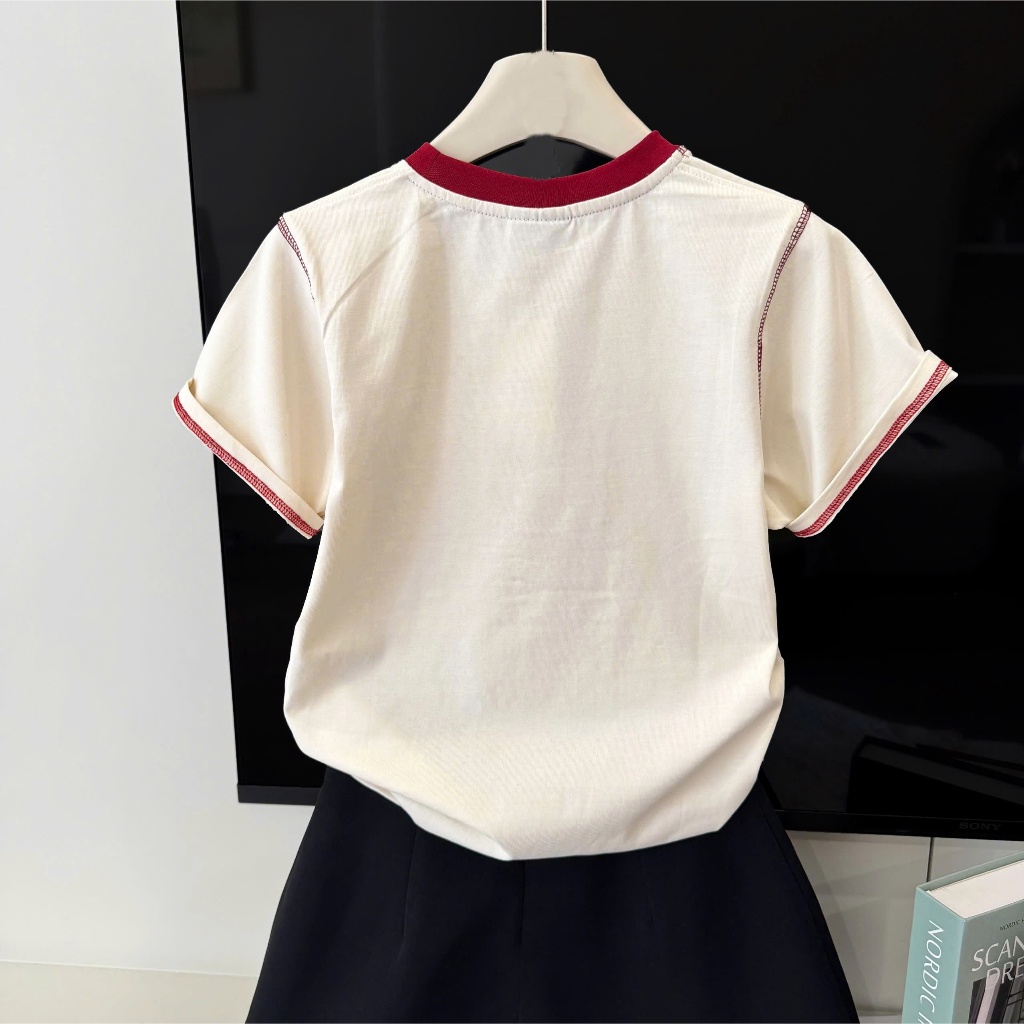 Áo Thun Viền Chữ Ngực Kem Nổi Bật, Chất Cotton Mềm Mịn, Có Kèm Hình Thật.