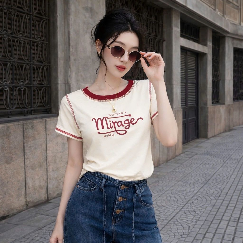 Áo Thun Viền Chữ Ngực Kem Nổi Bật, Chất Cotton Mềm Mịn, Có Kèm Hình Thật.