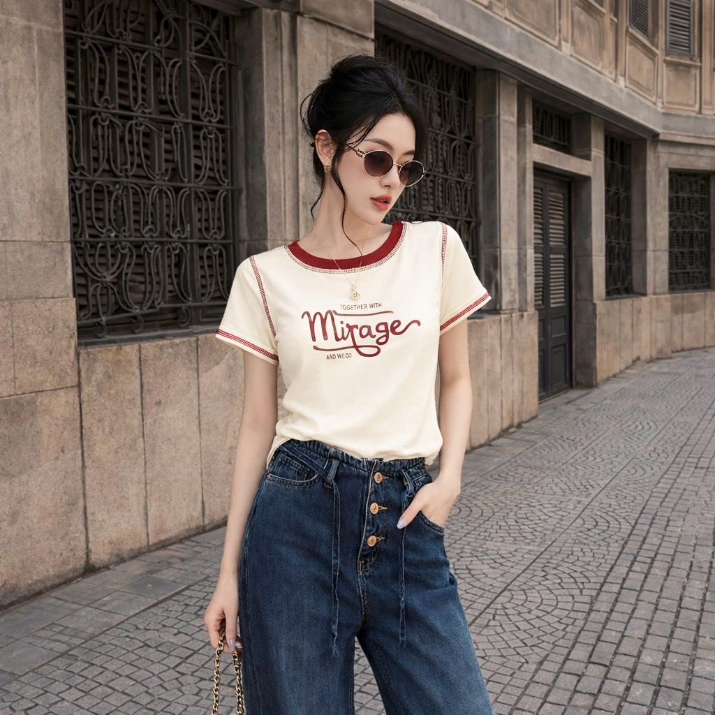 Áo Thun Viền Chữ Ngực Kem Nổi Bật, Chất Cotton Mềm Mịn, Có Kèm Hình Thật.