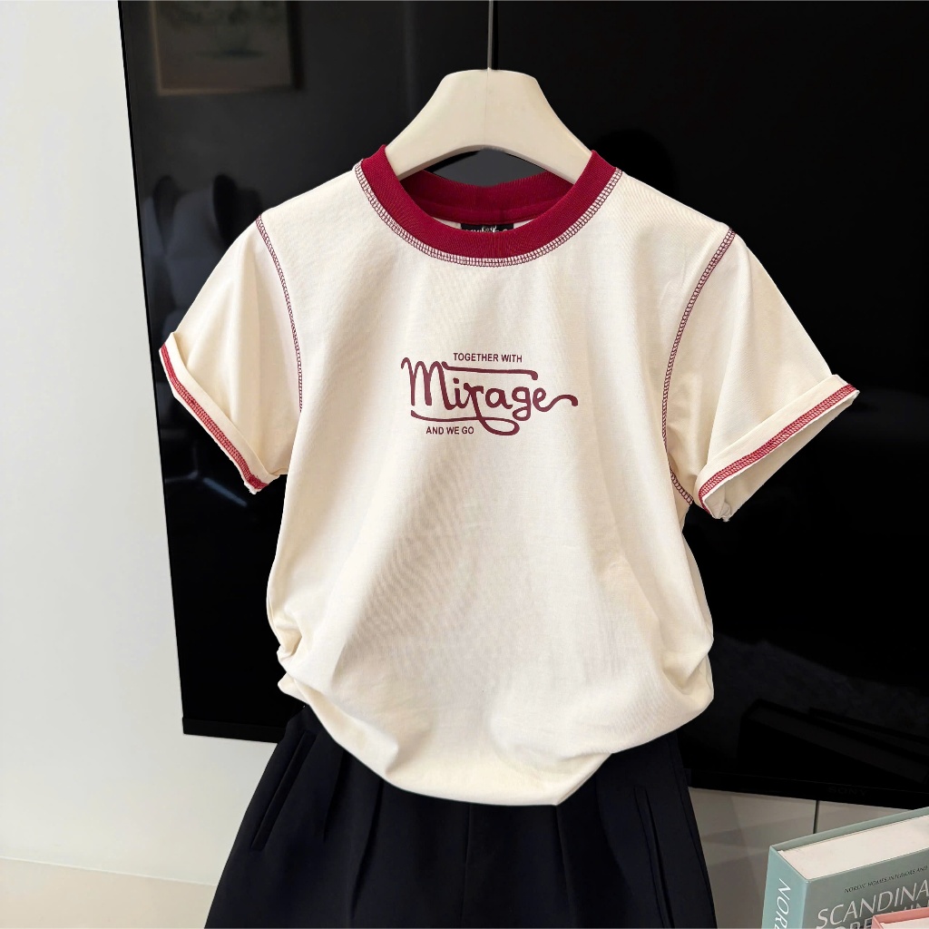 Áo Thun Viền Chữ Ngực Kem Nổi Bật, Chất Cotton Mềm Mịn, Có Kèm Hình Thật.