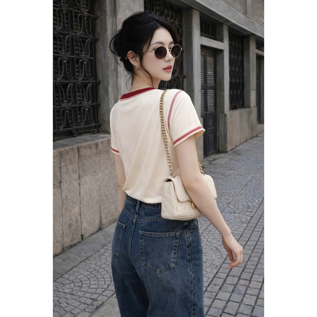 Áo Thun Viền Chữ Ngực Kem Nổi Bật, Chất Cotton Mềm Mịn, Có Kèm Hình Thật.