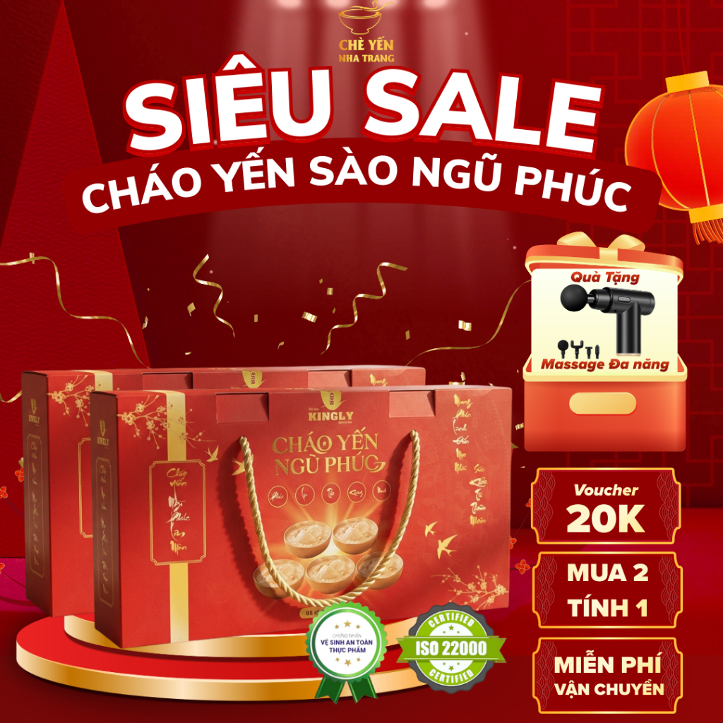 [Combo 2 Set Quà Tặng] Cháo Yến Sào Ngũ Phúc Lâm Môn 20 gram yến tươi + Quà tặng Máy Massage Đa Năng