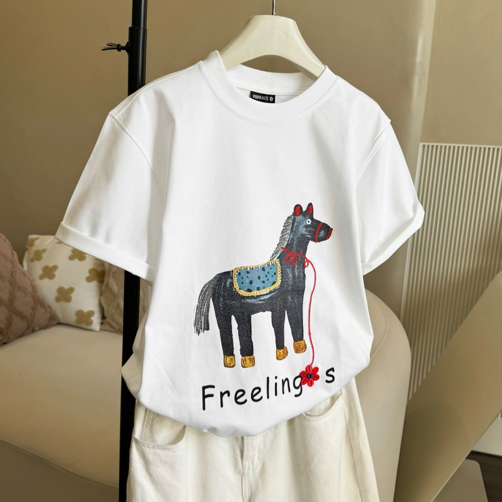 Áo Thun Mirage Chú Ngựa Trắng Thêu Tinh Xảo Chất 100% Cotton Mềm Mịn Thoáng Mát.