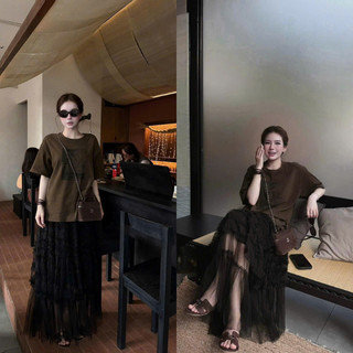 Bộ quần áo nữ đi chơi áo thun oversize màu nâu đậm và chân váy voan tơ x