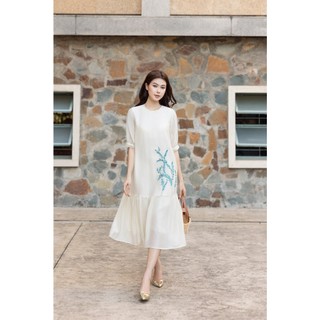 SWANLAKE | Váy Đầm Nữ Suông Hai Lớp Cổ Tròn Tay Lỡ Chất Tơ Hàn Thêu Hoa Du Lịch Dạo Phố D13548