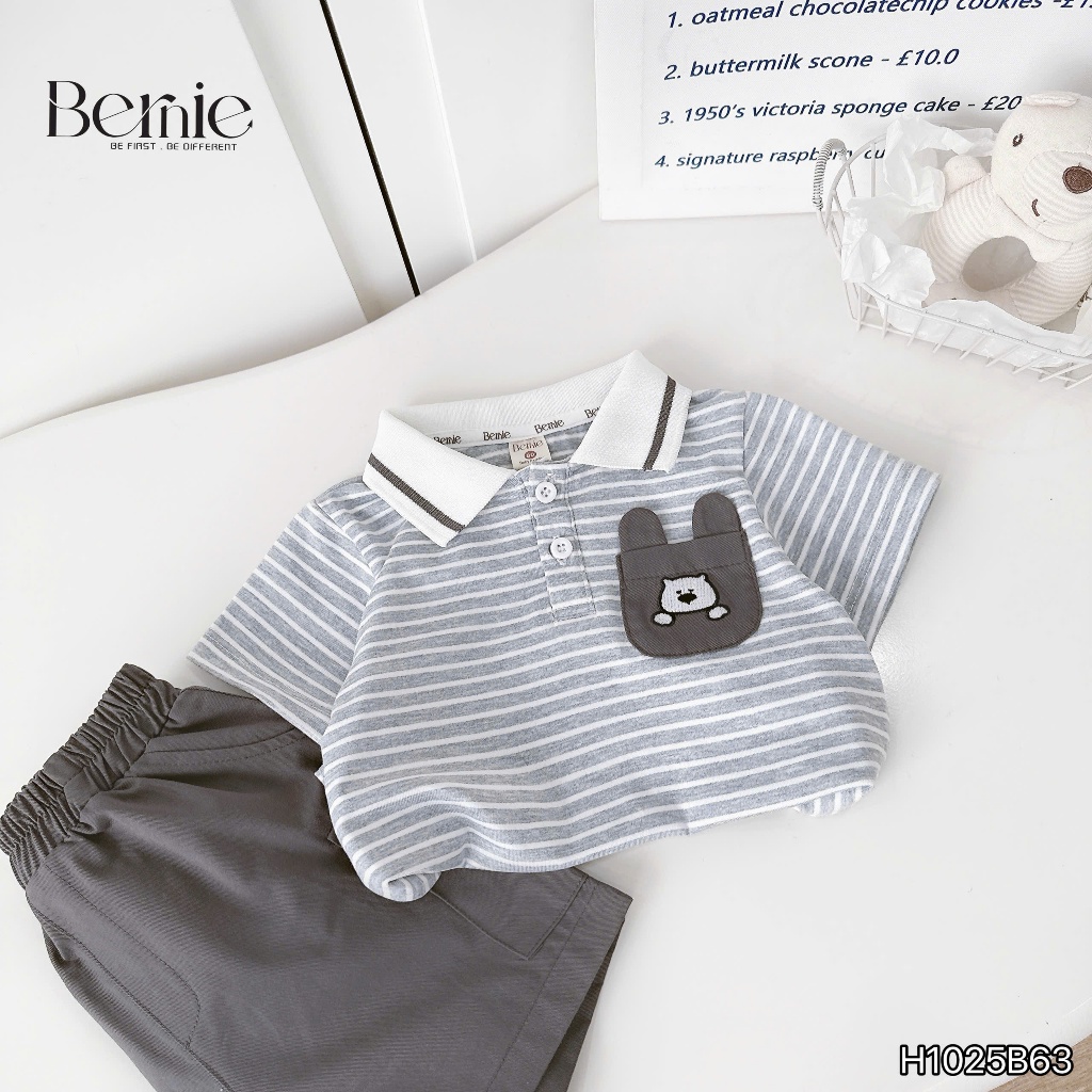 Set polo cộc tay kẻ ngang Sleeping Dog phối quần short kaki Bernie cho bé trai 9-24kg