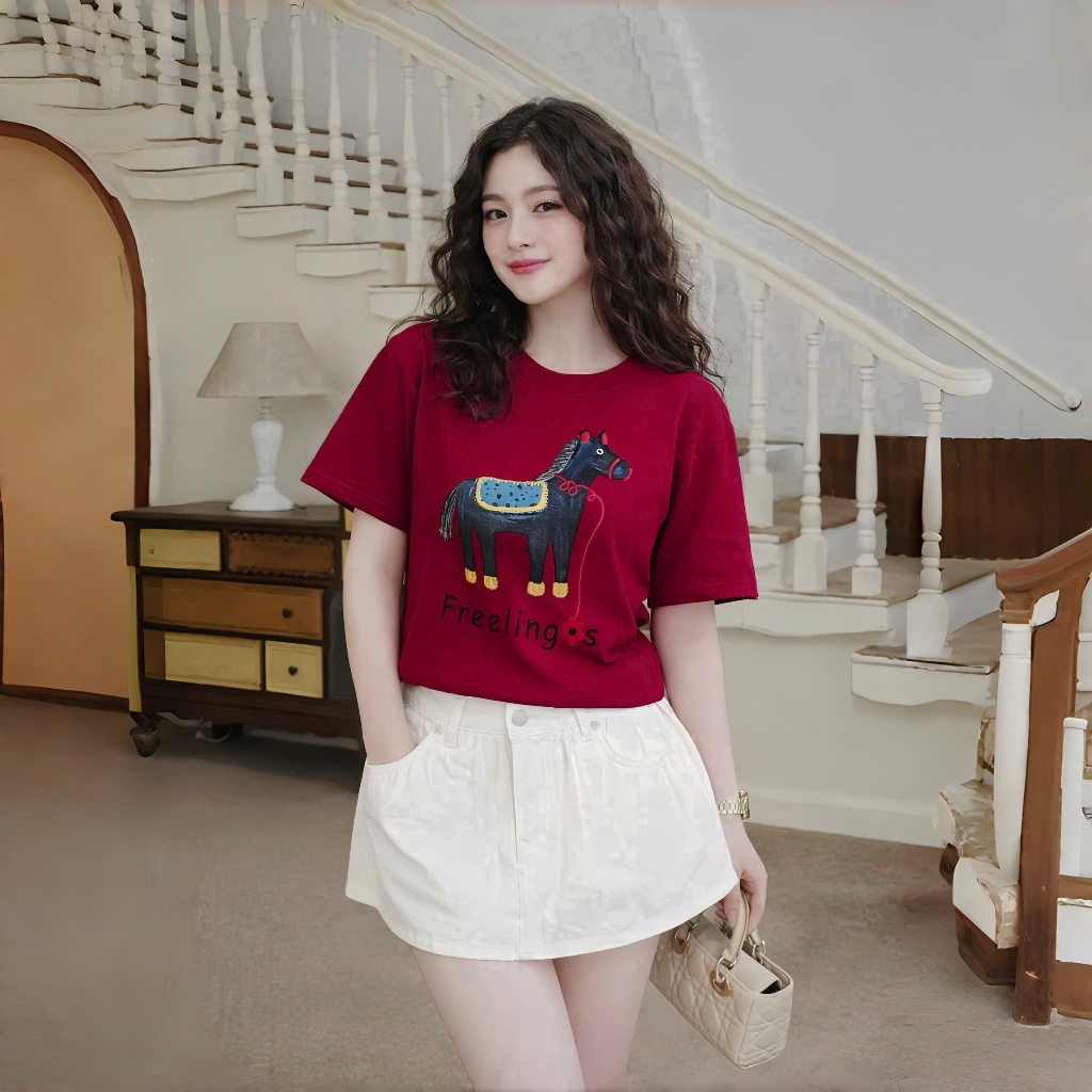 Áo Thun Mirage Chú Ngựa Đỏ Thêu Tinh Xảo Chất 100% Cotton Mềm Mịn Thoáng Mát.
