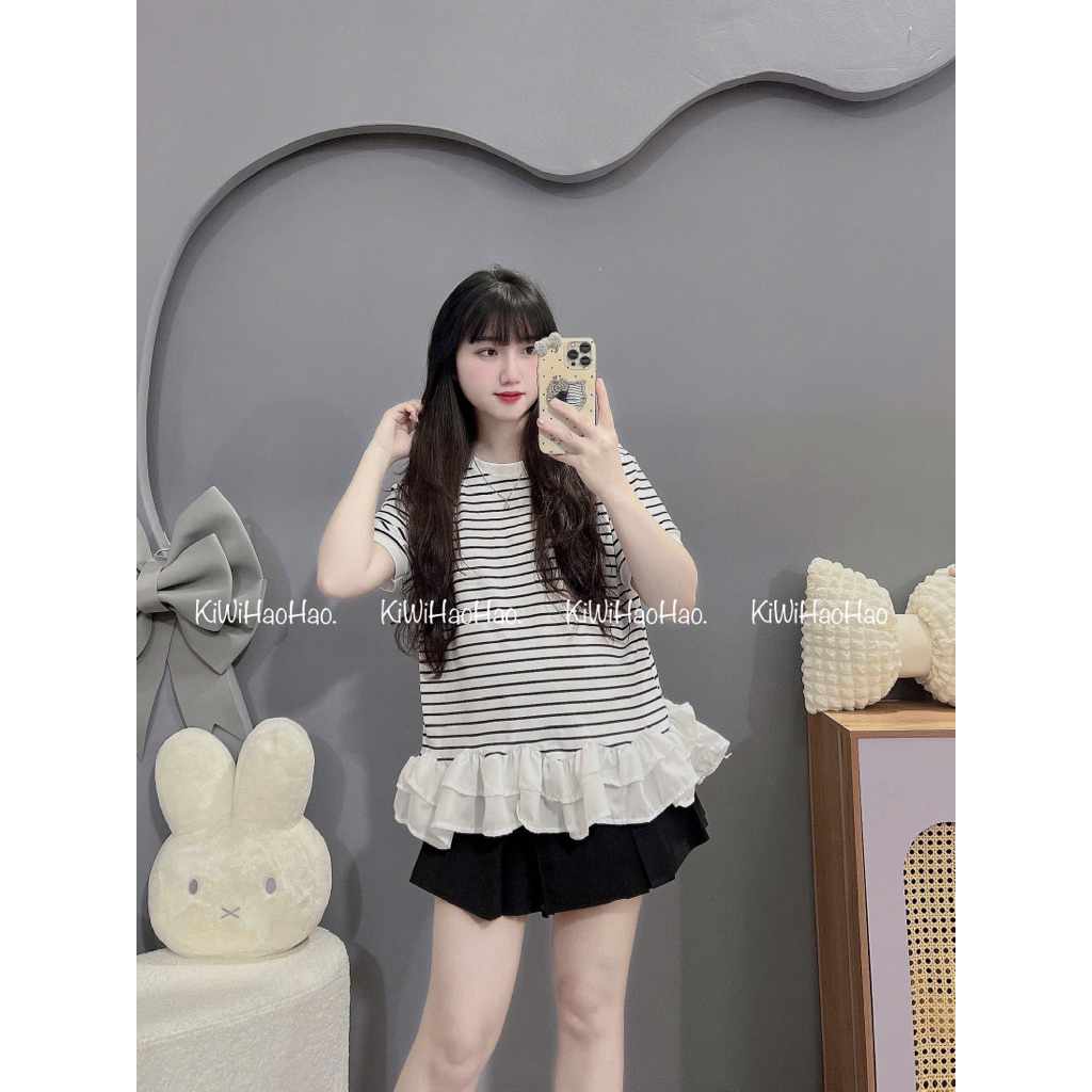 ÁO BẦU CỘC TAY KẺ NGANG PHA BÈO DUÔI ÁO XINH-2 màu