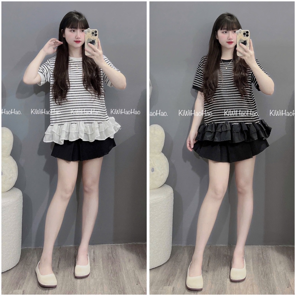 ÁO BẦU CỘC TAY KẺ NGANG PHA BÈO DUÔI ÁO XINH-2 màu