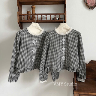 VMY Studio - Áo sơ miker caro cổ bèo tay phồng sang trọng, áo điệu kẻ caro babydoll viền ren nữ