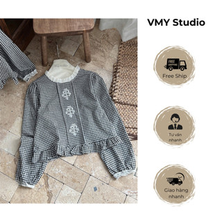 VMY Studio - Áo sơ miker caro cổ bèo tay phồng sang trọng, áo điệu kẻ caro babydoll viền ren nữ