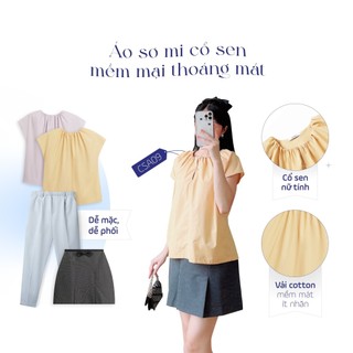 Áo Sơ Mi Nữ JASEY Công Sở Kiểu Cổ Nhún Tay Ngắn Thoải Mái Dáng Suông Chất Thô Mềm 6066