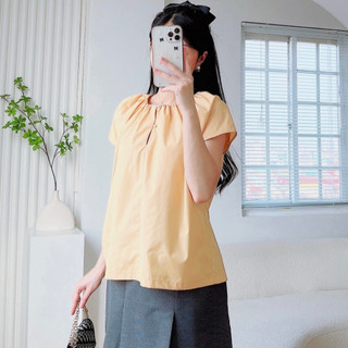 Áo Sơ Mi Nữ JASEY Công Sở Kiểu Cổ Nhún Tay Ngắn Thoải Mái Dáng Suông Chất Thô Mềm 6066