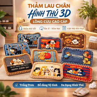 Thảm Lau Chân 3D Hình Thú 60x40cm – Thảm Chùi Chân Lông Cừu Mềm Mại, Thấm Nước, Chống Trượt