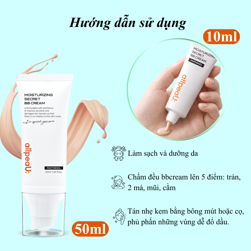 BB Cream Hàn Quốc - Dành cho Mọi Loại Da |10ml/50ml | Dưỡng Ẩm, Mỏng Nhẹ, Không Bí Da|allpeaU: