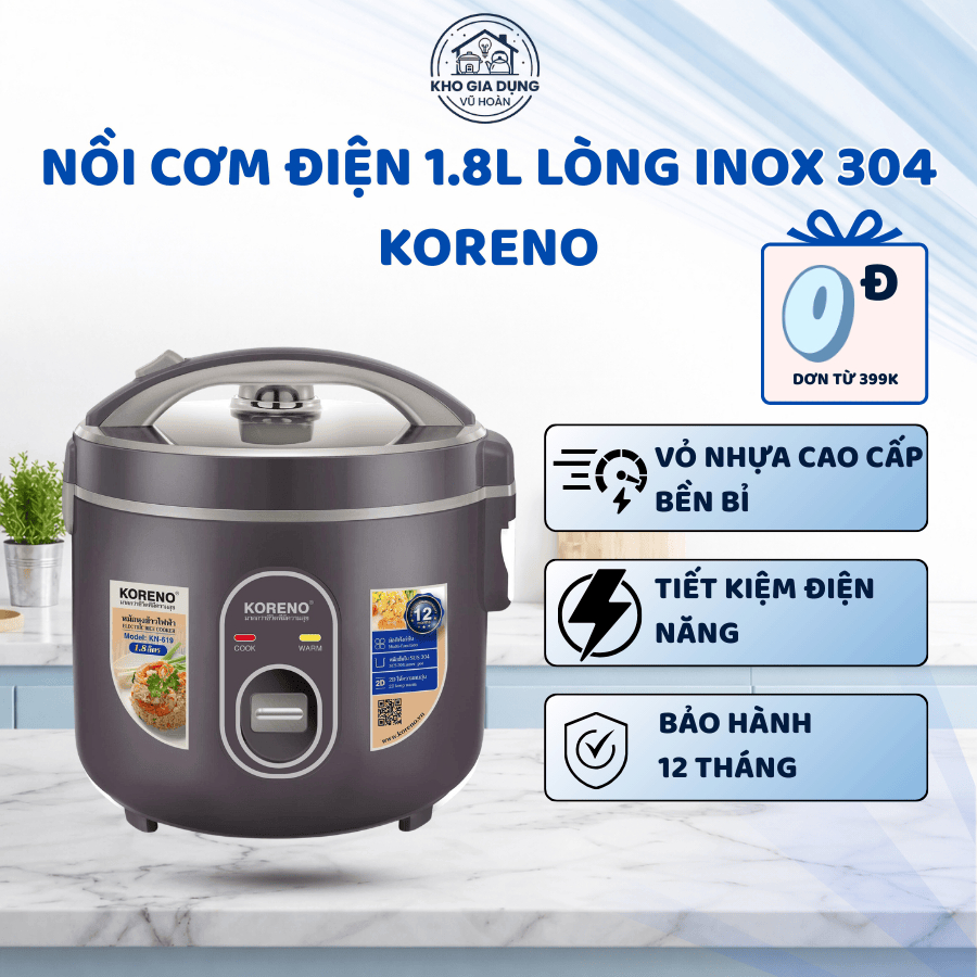 Nồi Cơm KoreNo Lòng Niêu Inox 304 Dày Nặng 1Kg, Nấu Cơm Nhanh, Bảo Hành 12 Tháng