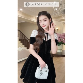Váy Xoè Ngắn Tiểu Thư La Rosa Chất Nhung Phối Cổ Ren Đính Nơ Tay Ngắn Mặc Đi Chơi, Dự Tiệc V1455