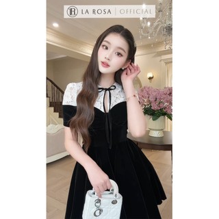 Váy Xoè Ngắn Tiểu Thư La Rosa Chất Nhung Phối Cổ Ren Đính Nơ Tay Ngắn Mặc Đi Chơi, Dự Tiệc V1455