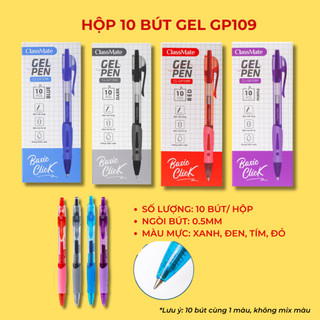 Hộp 10 Bút Gel Bấm Viết Siêu Trơn Ngòi 0.5mm Có Ruột Gel Thay Thế Mực Xanh Đen Tím, Bút Gel Béo CLASSMATE CL-GP109