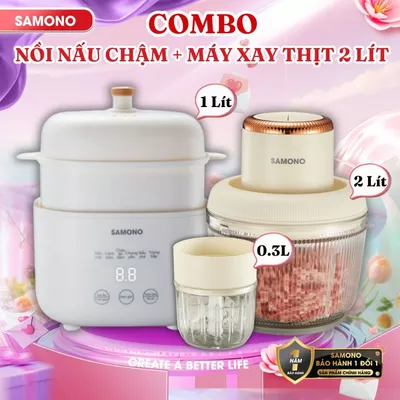 Combo nồi nấu chậm Samono 1 Lít SW-SC10 và máy xay 2 cối SW-CD300 dung tích 2.2Lít và 300ml xay ăn dặm, thịt, rau củ