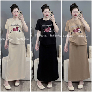 SET BẦU RỜI ÁO CỘC TAY HÌNH NGỰA CHÂN VÁY DÀI - 3 Màu