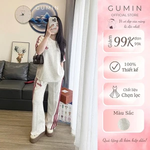 Set bộ nỉ GUMIN thiết kế phối sọc đỏ gồm áo thun cộc tay kèm quần suông rộng thêu chữ sang chảnh, Set bộ đồ nữ cá tính c