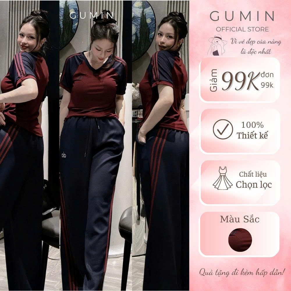 Set bộ đồ nữ GUMIN thiết kế áo cổ tym ngắn tay phối sọc kèm quần suông rộng sọc viền cá tính sang chảnh cao cấp