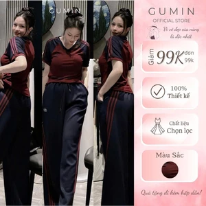 Set bộ đồ nữ GUMIN thiết kế áo cổ tym ngắn tay phối sọc kèm quần suông rộng sọc viền cá tính sang chảnh cao cấp