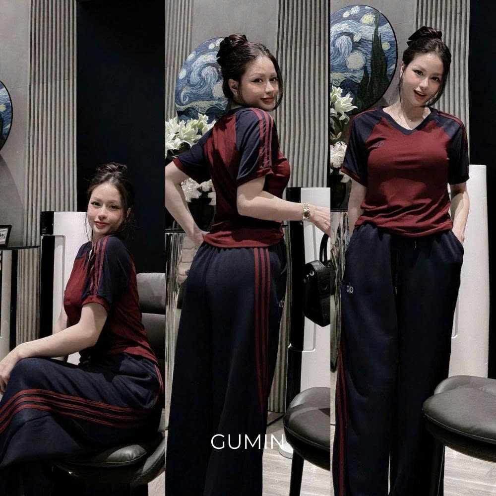 Set bộ đồ nữ GUMIN thiết kế áo cổ tym ngắn tay phối sọc kèm quần suông rộng sọc viền cá tính sang chảnh cao cấp