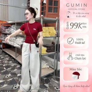 Set bộ thun nữ GUMIN thiết kế áo dáng ngắn ôm body thêu logo kèm quần ống suông rộng có dây rút eo sang trọng cao cấp