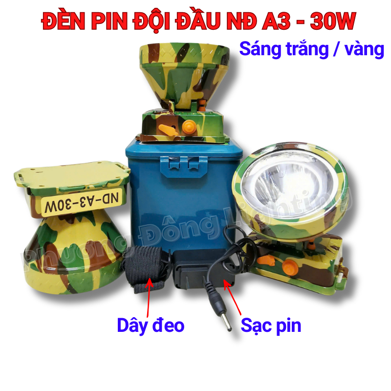 Đèn Đội Đầu ND A3 30W Siêu Sáng Ánh Sáng Trắng Vàng – Đèn Pin Đeo Đầu Sạc Pin Câu Cá, Đi Đêm