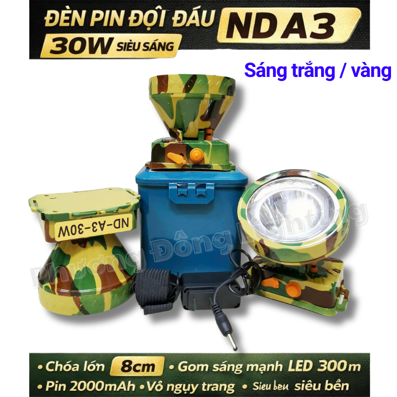 Đèn Đội Đầu ND A3 30W Siêu Sáng Ánh Sáng Trắng Vàng – Đèn Pin Đeo Đầu Sạc Pin Câu Cá, Đi Đêm