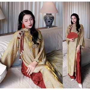 Set Áo Dài Cách Tân Nữ Tơ Óng Vàng Áo Dài Cách Tân Dáng Suông Che Khuyết Điểm Sang Chảnh Mặc Tết Đi Tiệc Lễ Tết T1604G
