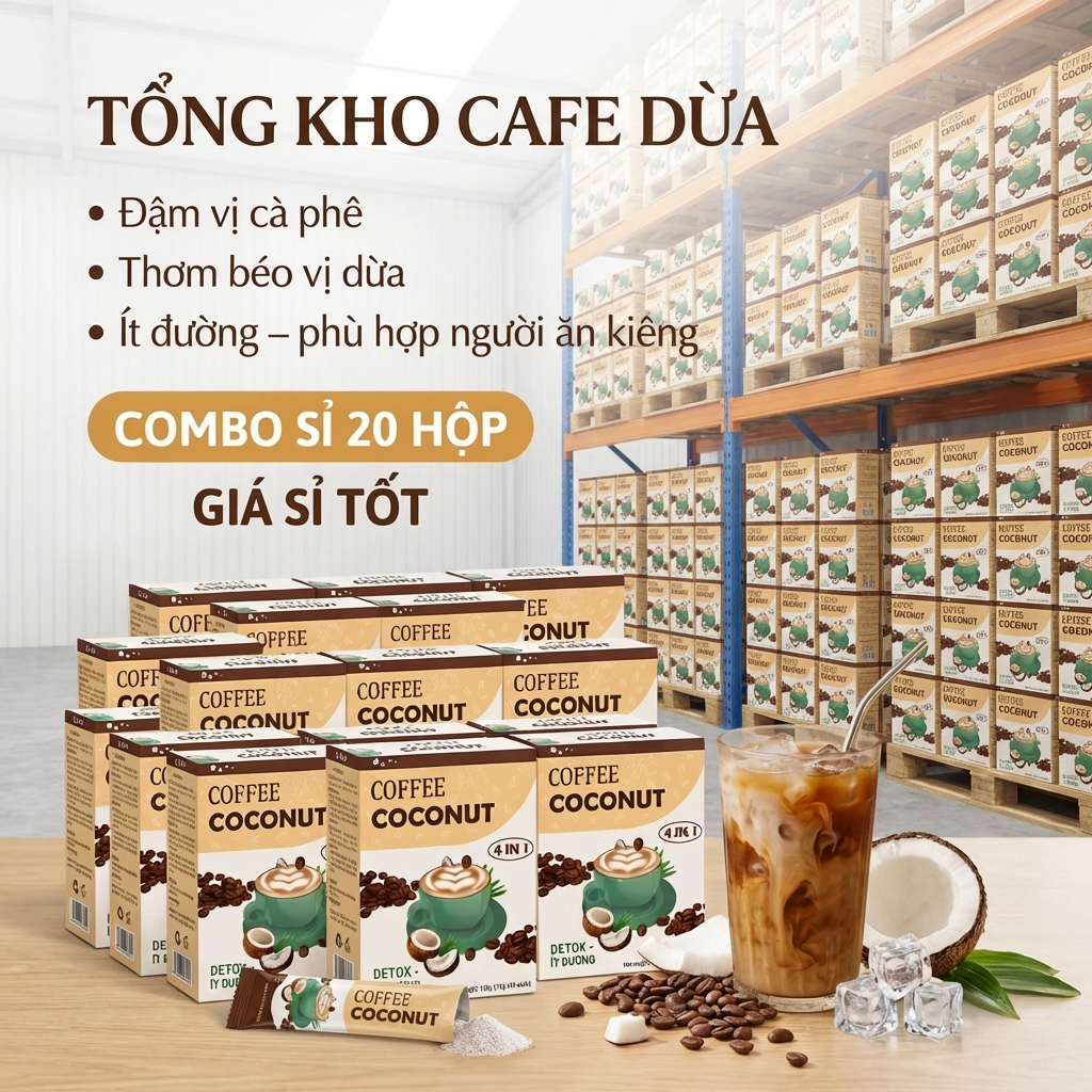 [ 20 Hộp Giá Sỉ ] Cafe Dừa 4in1 GreenFarm – Cafe Sữa Dừa Ít Đường – Thơm Béo Tự Nhiên hộp 10 gói x 12gr