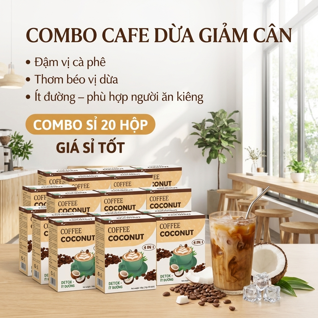[ 20 Hộp Giá Sỉ ] Cafe Dừa 4in1 GreenFarm – Cafe Sữa Dừa Ít Đường – Thơm Béo Tự Nhiên hộp 10 gói x 12gr
