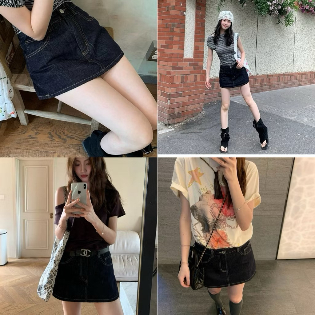 Quần Giả váy Jeans Dáng Basic Trơn Xanh Than W.E
