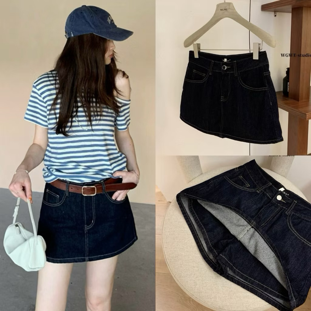 Quần Giả váy Jeans Dáng Basic Trơn Xanh Than W.E