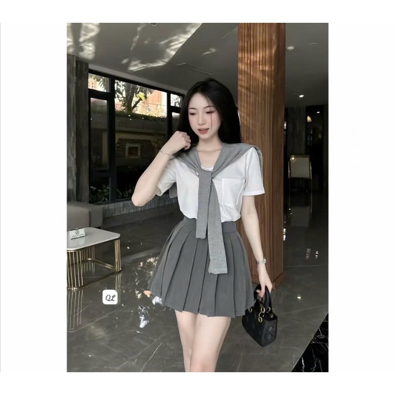 Sét Bộ 3 Món Tiểu Thư - Áo Thun Thuỷ Thủ Quàng Khăn Phối Kèm Chân Váy  Xếp Ly Xám Sang Chảnh